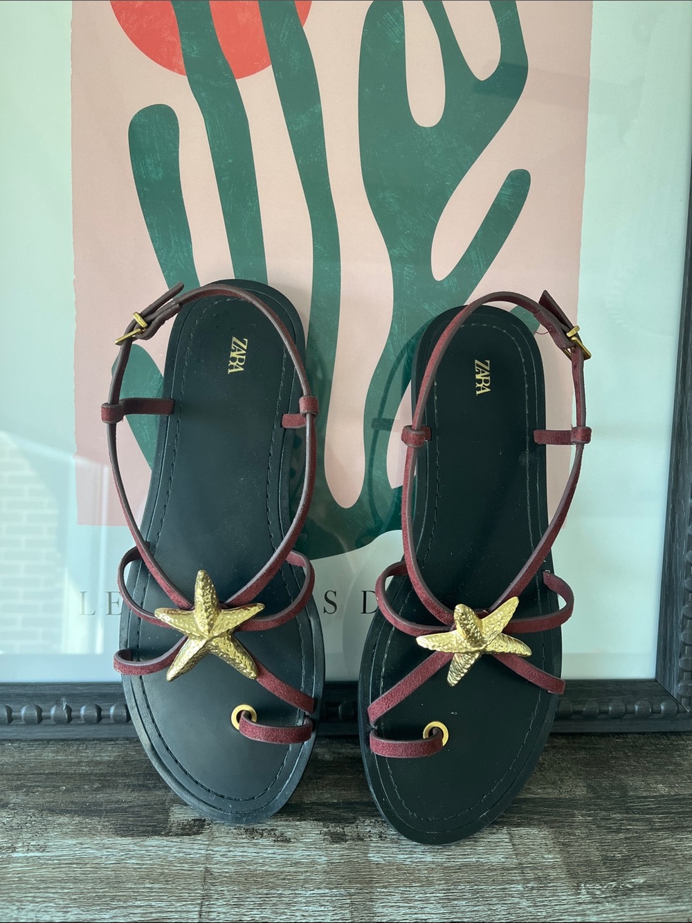 ZARA Black Sandals with Burgundy Straps and Gold Starfish